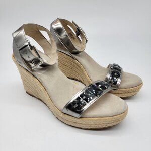 MICHAEL KORS Pewter/Silver Leather Wedge Platform Gemstone Sandals Size 9